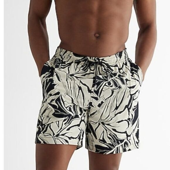 Express Hybrid Swim Shorts XL Blue White Abstract Leaf Pattern - Picture 2 of 11